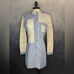 Vintage Lacy Afternoon by Shell Kepler Chambray & Lace Shirt Dress - Size M